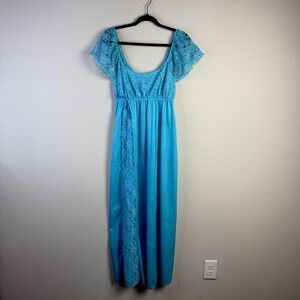 Vintage Jill Andrea New York Slip Dress Size Large Blue Lace Nylon Maxi Babydoll